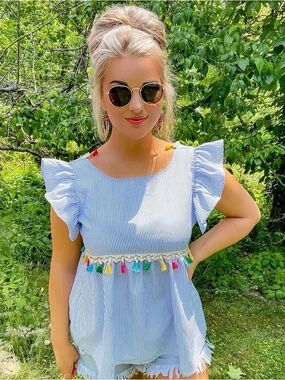 SHEIN Blue Seersucker Pinstripe Ruffle Sleeve Tank Top w/ Multicolor Tassels
